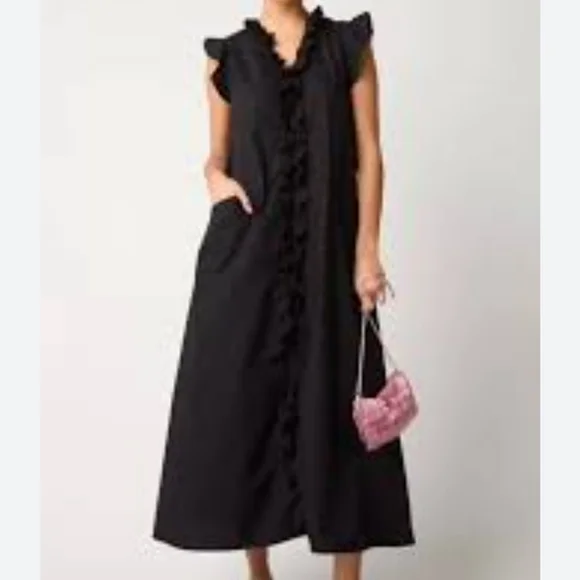&Merci Black Ruffle-Sleeve Button-Down Midi Dress Size S - Picture 1 of 6